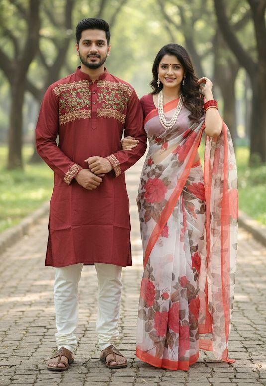 কাপল ড্রেস কালেকশন চান্দুরি সিল্ক শাড়ি ও ধুপিয়ান পাঞ্জাবি